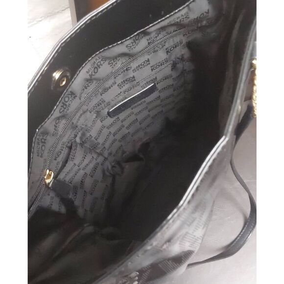 MICHAEL KORS Jet Set Black Gold Chain Tote Patent Leather Shoulder Bag Purse - Picture 6 of 7